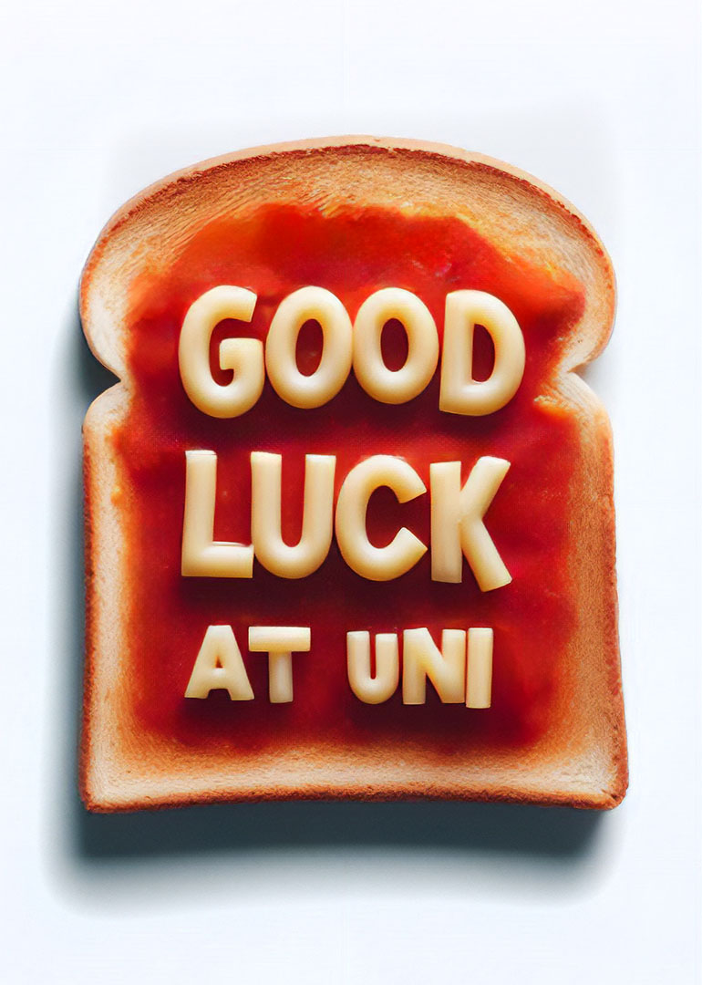 Toast with tomato sauce and letters spelling good luck at uni