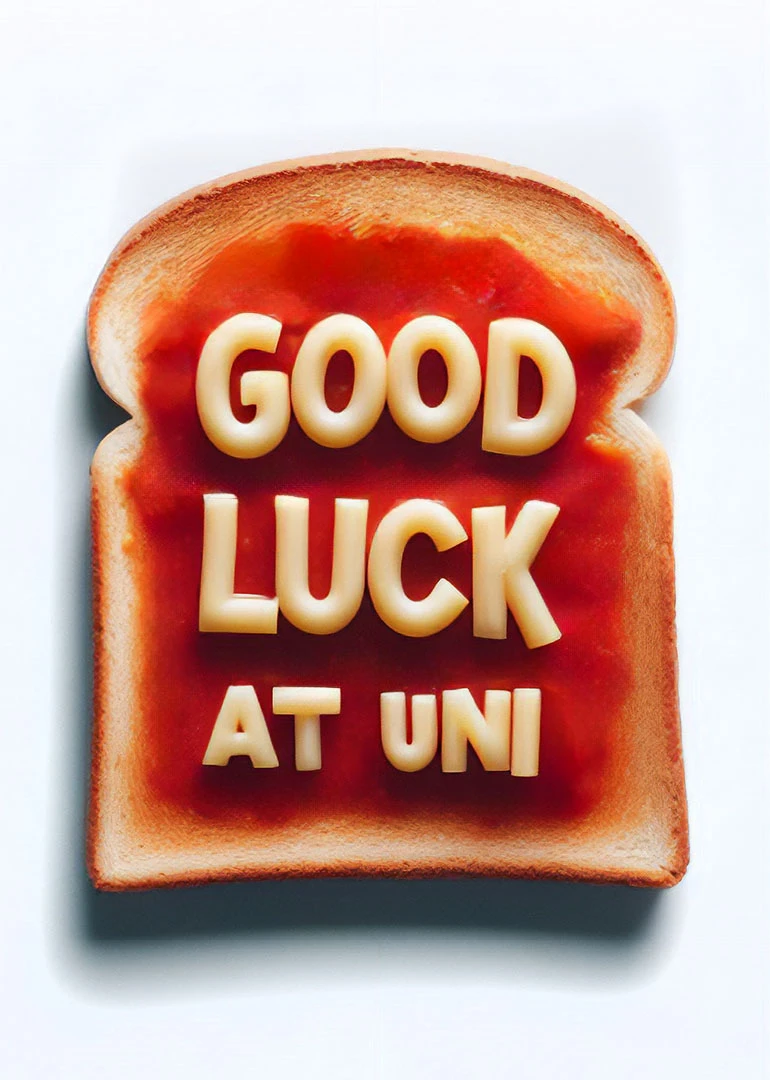 Toast slice with jam spelling Good Luck At Uni in cream lettering on white surface.