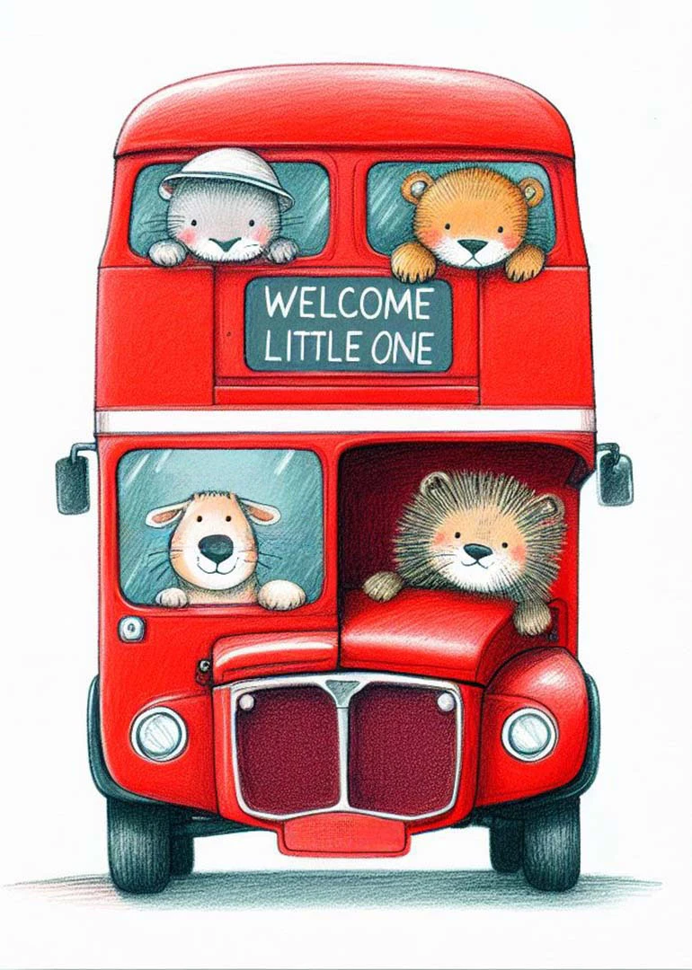 Red bus full of cute animals carries a Welcome Little One sign for new baby joy.