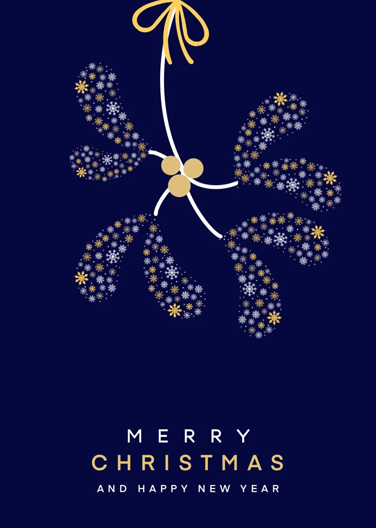 Navy card with gold mistletoe motif and Merry Christmas and Happy New Year text below.
