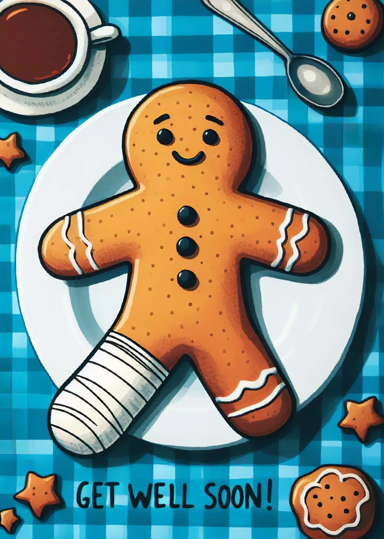 Smiling gingerbread person on a plate with bandaged leg and get well soon message below.