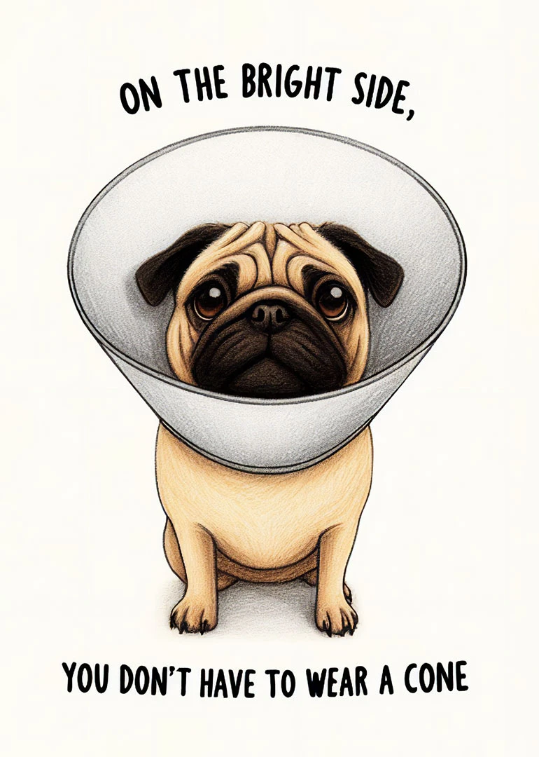 A sad pug wearing a cone collar with uplifting text about not wearing one today.
