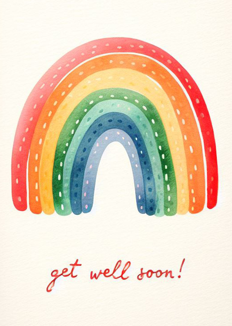 Watercolor rainbow with polka dots and 'get well soon!' text
