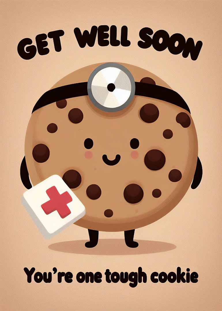 Cute cookie character dressed as doctor with get well soon message