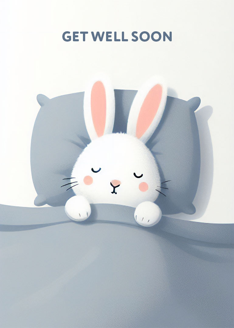 Cute white bunny resting, with 'Get Well Soon' text