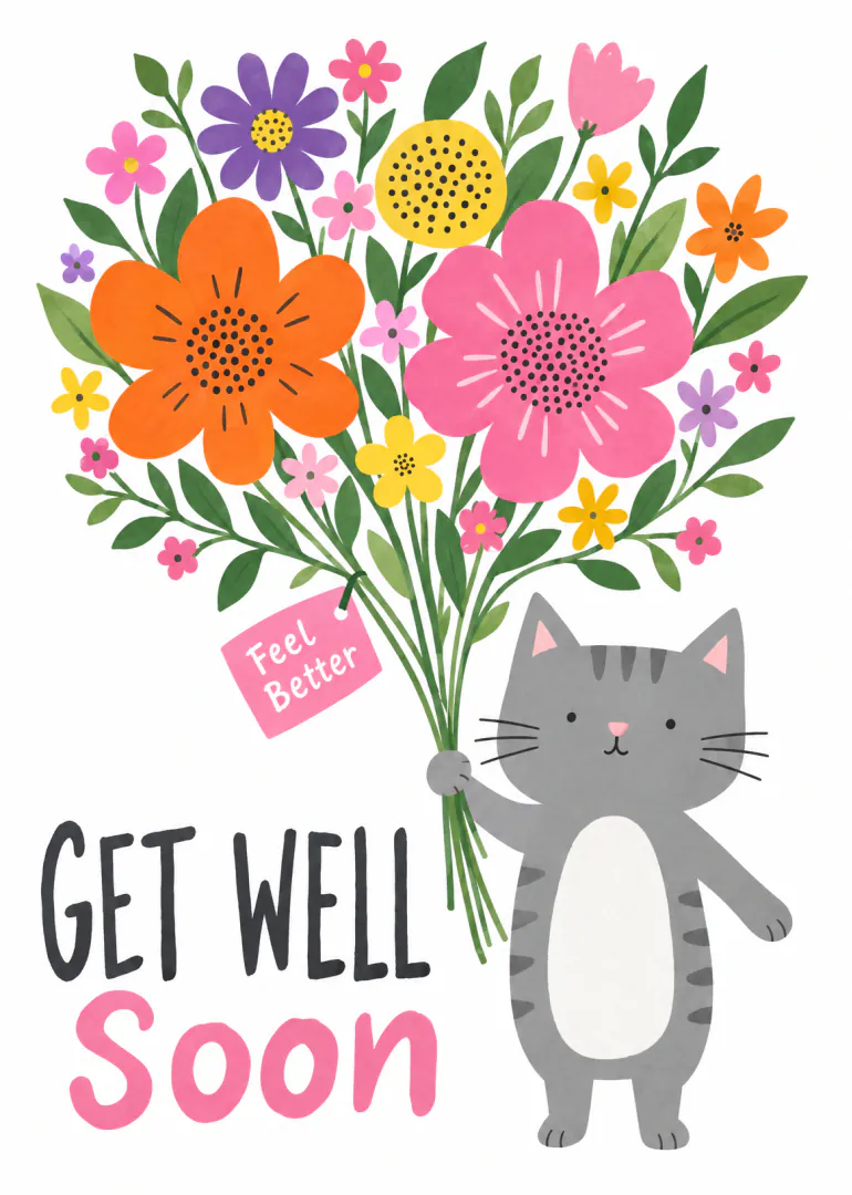 A grey tabby cat holding a bright bouquet of flowers above the words Get Well Soon.