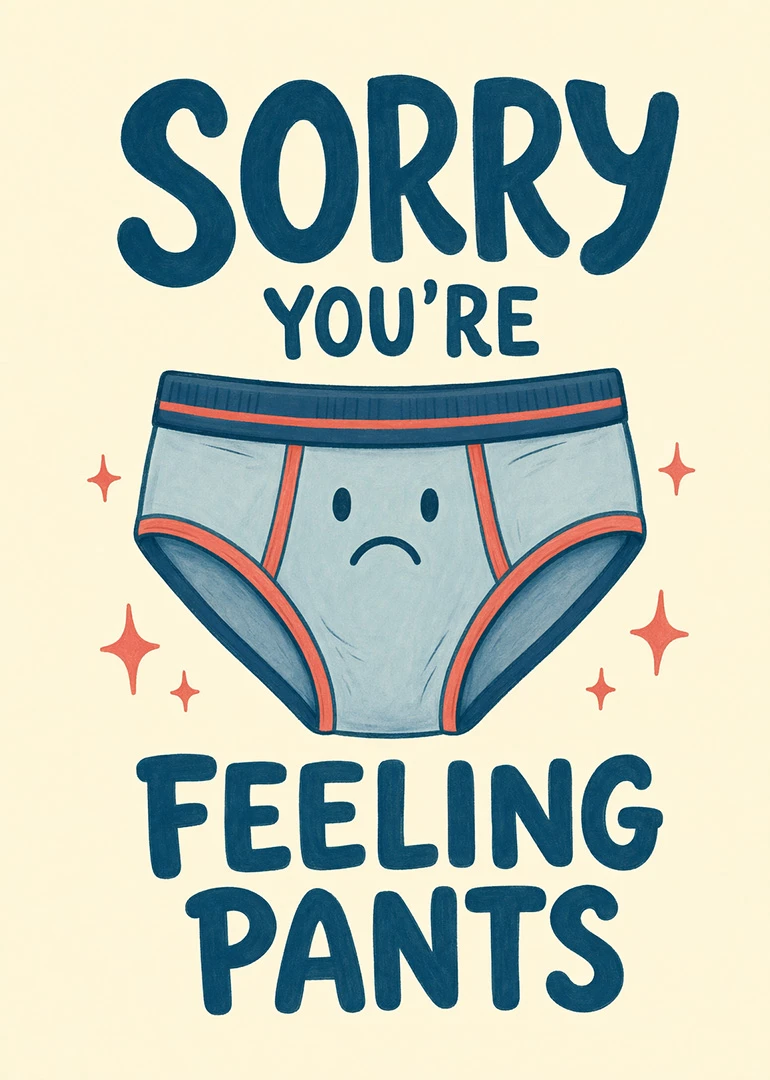 A sad underwear character appears below sorry you're feeling pants in bold blue letters today.