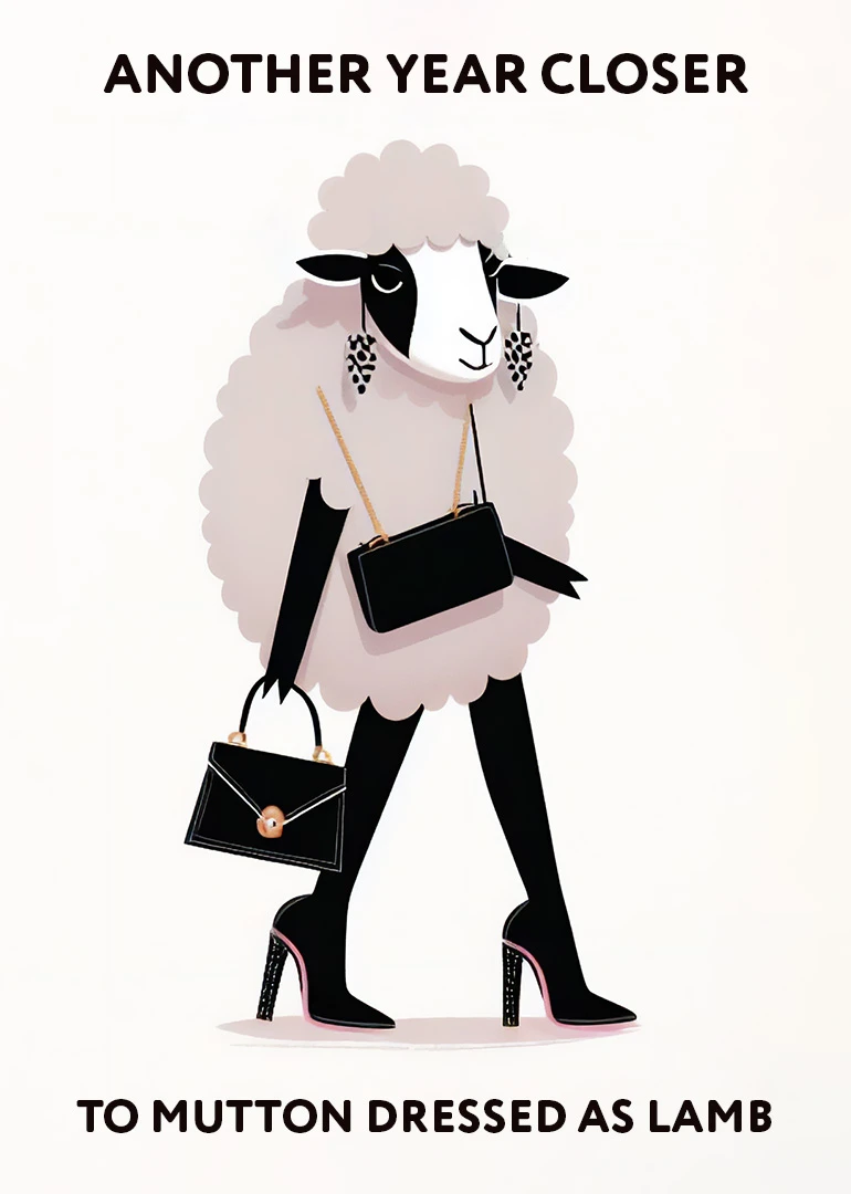 A fashionable sheep in heels carries handbags beneath the pun Another Year Closer headline.