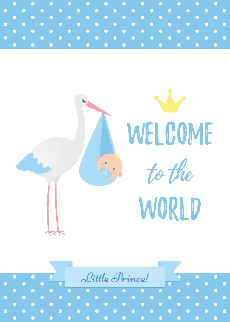 White stork carries a baby bundle beside Welcome to the World Little Prince text design.