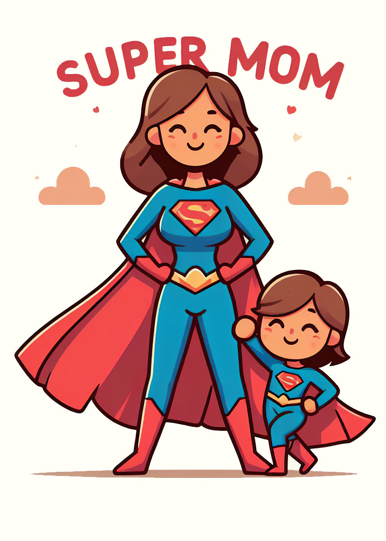 Illustration of a smiling mom and child in superhero costumes with red capes