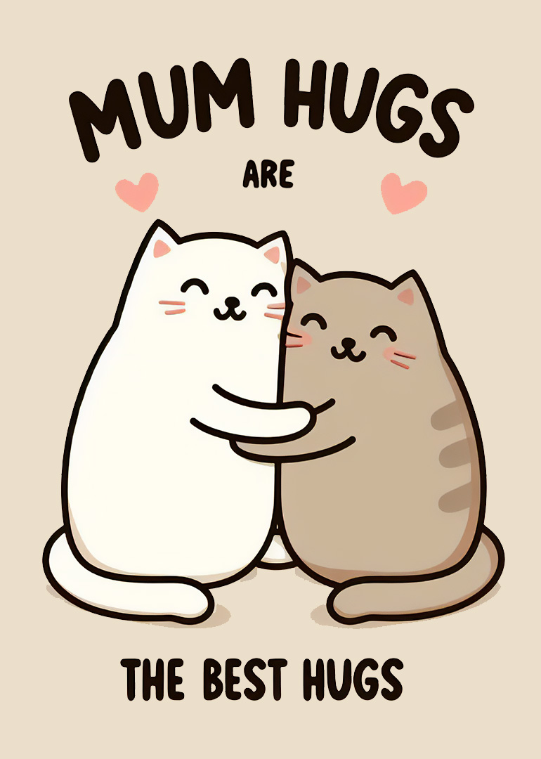 Two cute cats cuddle under Mum Hugs Are the Best on a soft beige background.