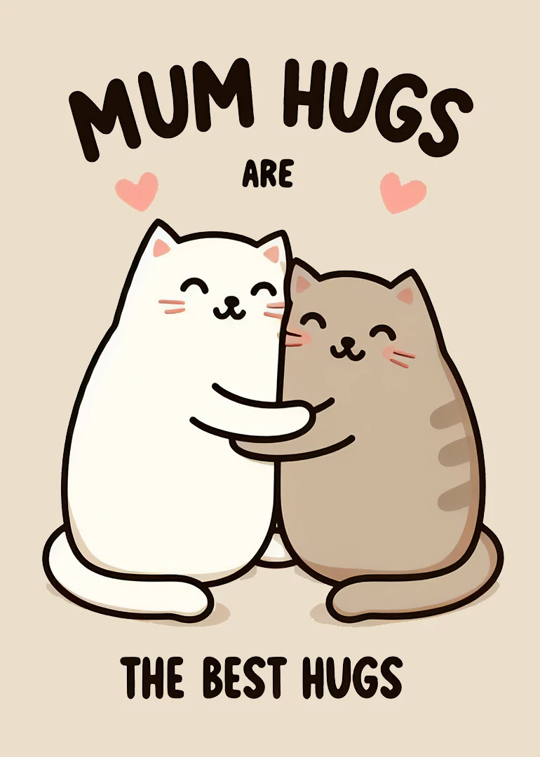 Two cute cats cuddle under Mum Hugs Are the Best on a soft beige background.