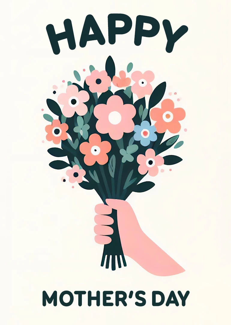 Hand holding pastel bouquet with Happy Mother's Day text on a cream background card design.