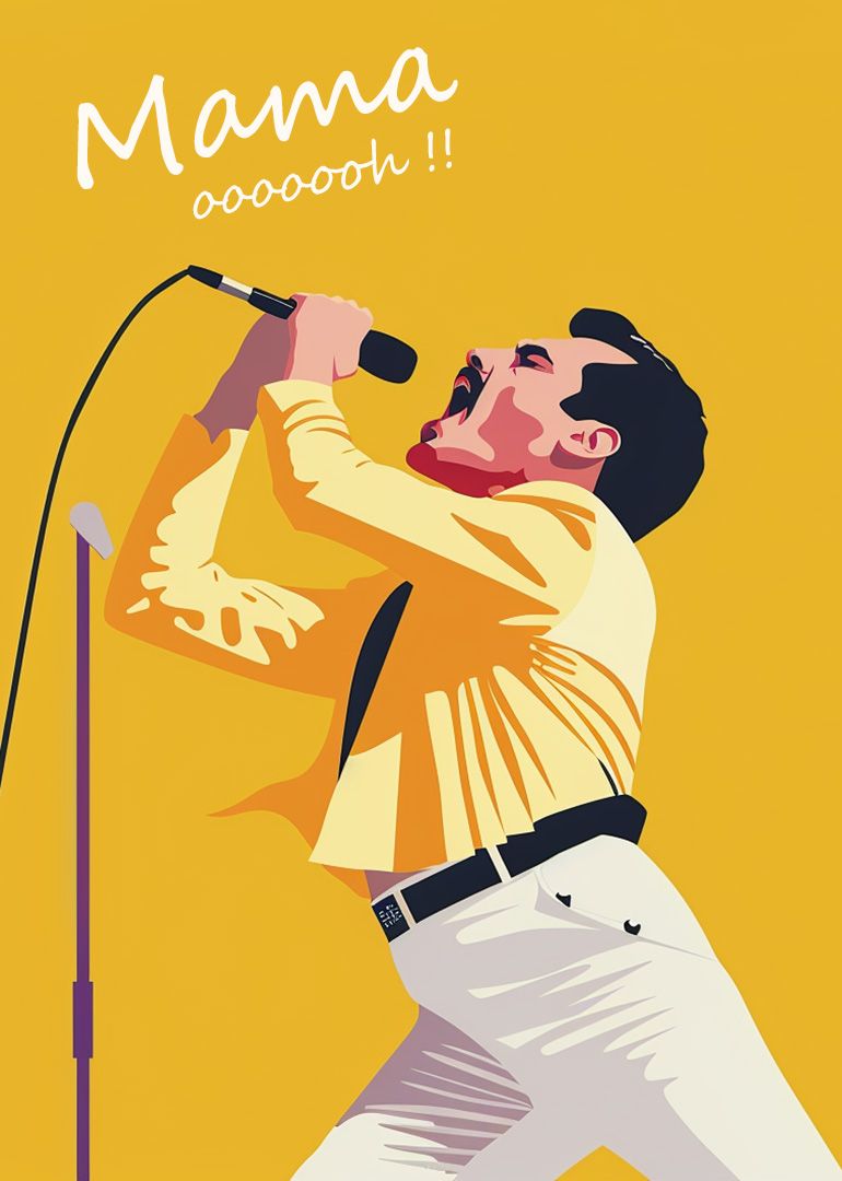 Illustration of Freddie Mercury singing into microphone with yellow background