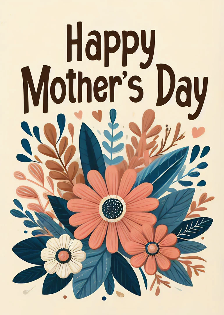 Cream card with Happy Mother's Day text and a peach, blue floral bouquet illustration below.