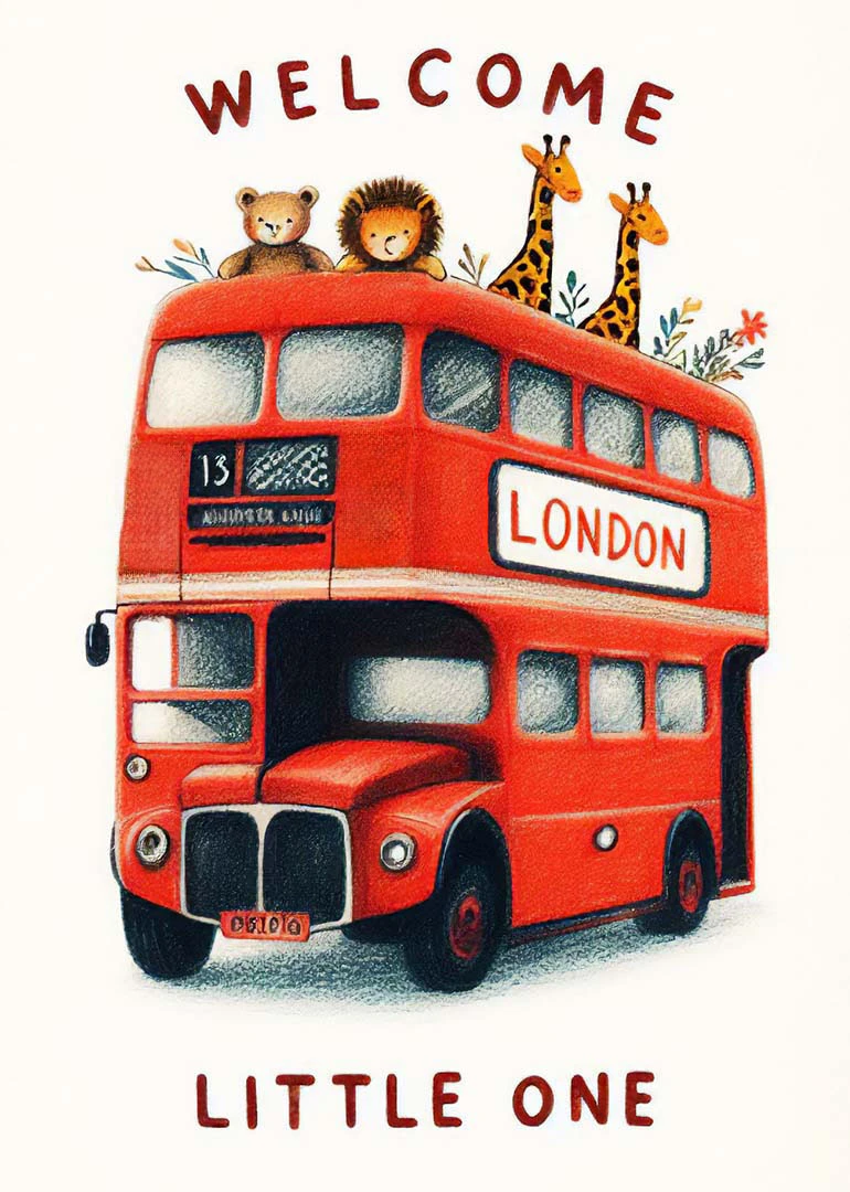 Illustrated red London bus with animals and Welcome Little One text for a baby card.