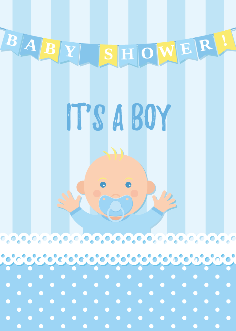Baby shower card with baby boy, pacifier, blue stripes and polka dots