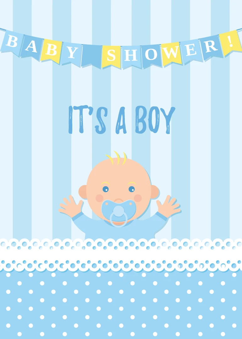 Cute baby boy with pacifier beneath baby shower bunting and the words Its a Boy.