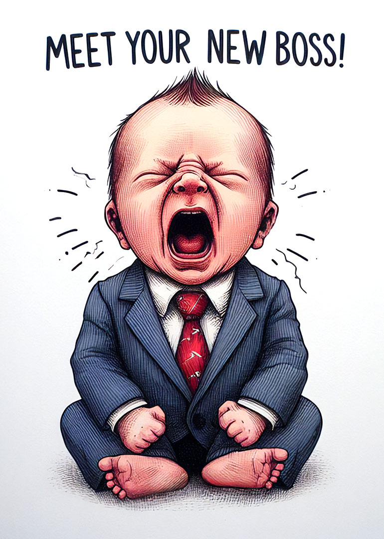 Illustration of a baby in a suit shouting with text meet your new boss