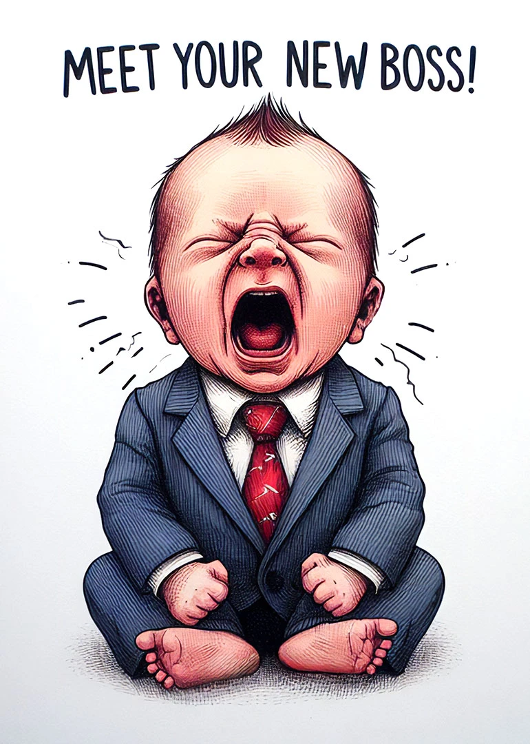 A screaming baby in a suit with the text Meet Your New Boss!