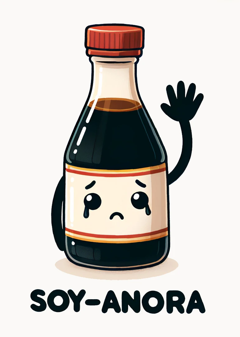 A sad waving soy sauce bottle with the pun Soy-Anora printed below in bold letters.