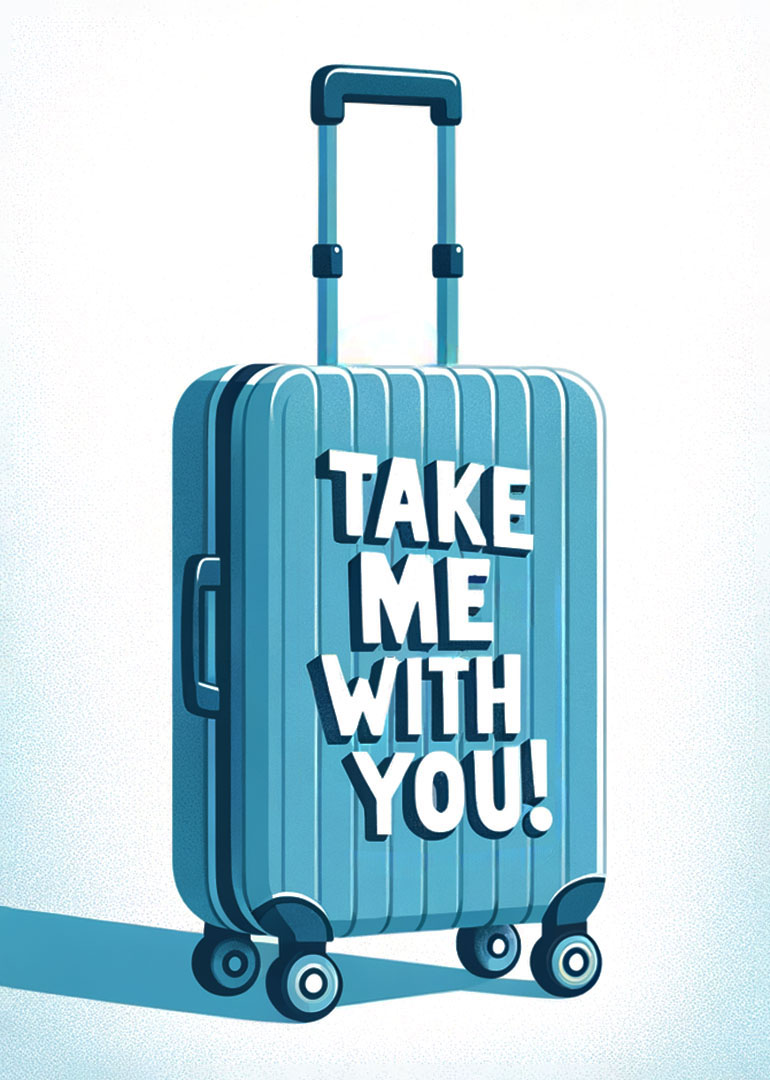 Blue suitcase with handle and wheels with take me with you text