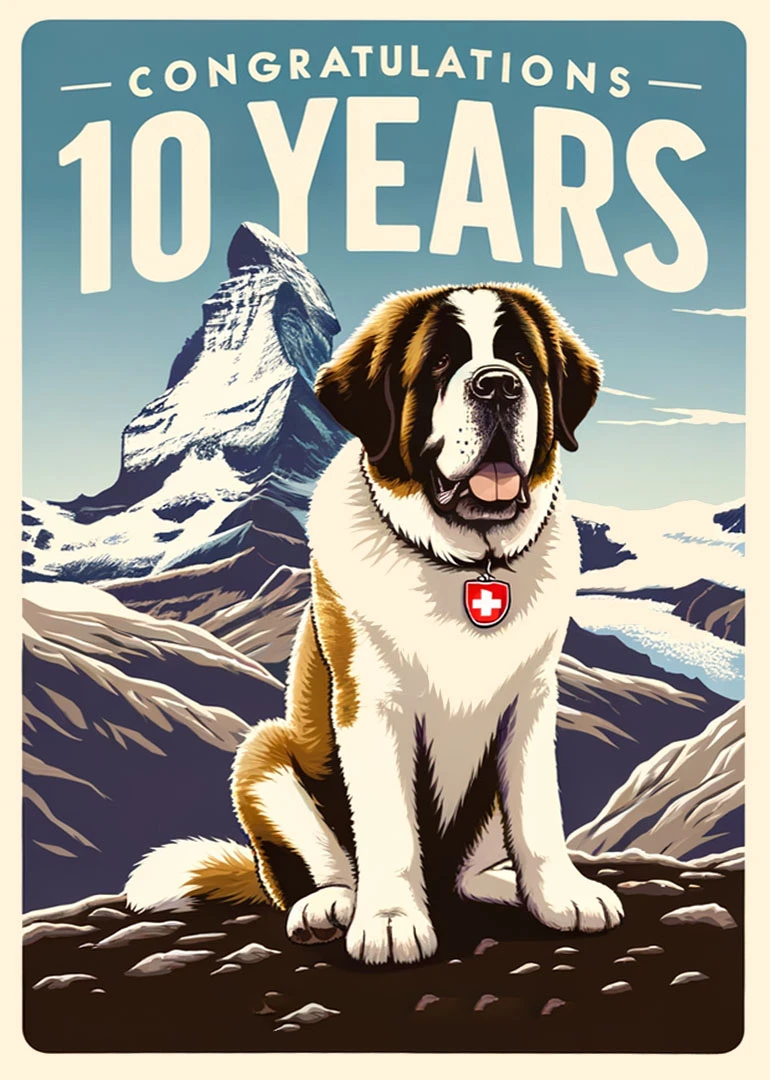 Saint Bernard sits before snowy mountains with congratulations 10 years text.
