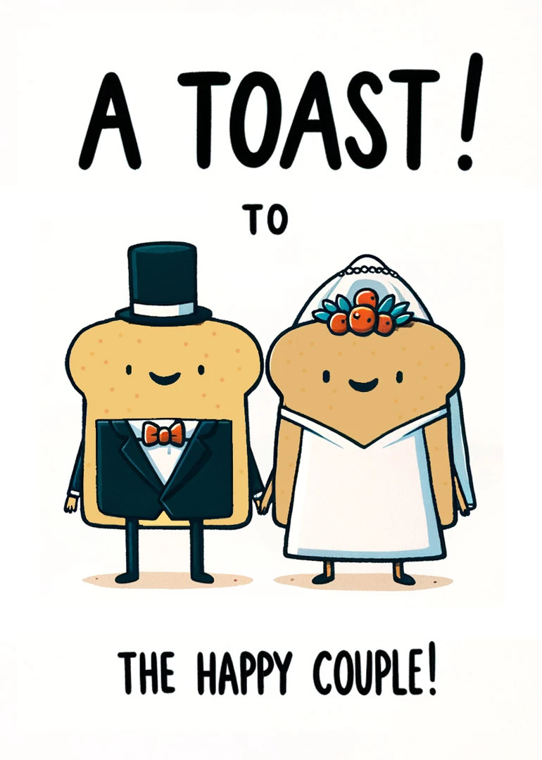 Toast bread bride and groom with wedding attire and A Toast to the Happy Couple.