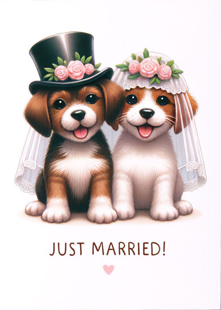 Two happy puppies dressed as bride and groom with floral hats and veils