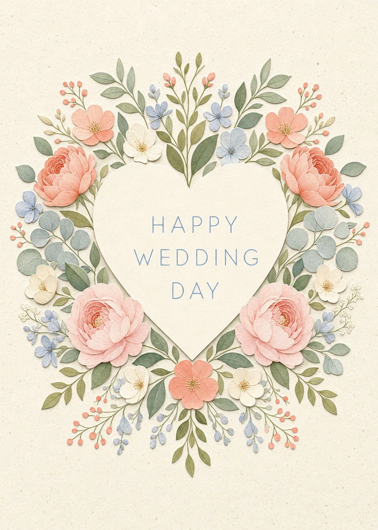 Pastel floral heart card with Happy Wedding Day text and elegant paper-cut blossoms surrounding center.