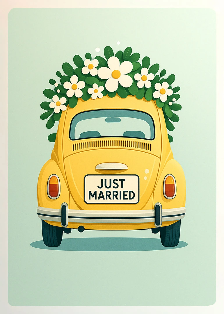 Yellow vintage car decorated with flowers and Just Married written on the back trunk plate.