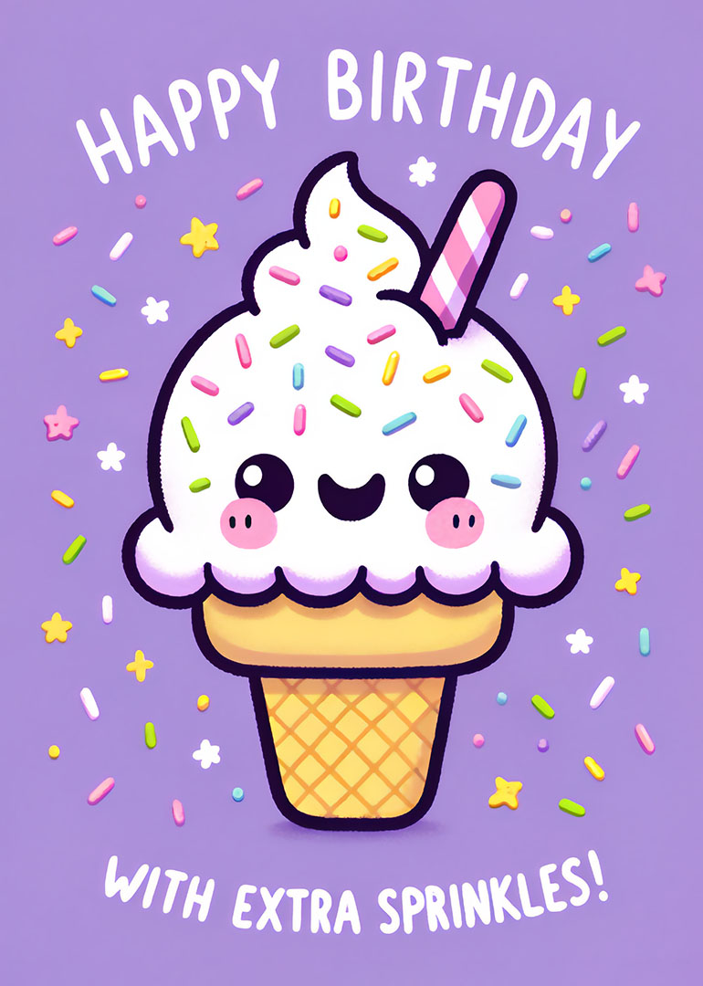 Smiling ice cream cone with colorful sprinkles on purple background birthday card
