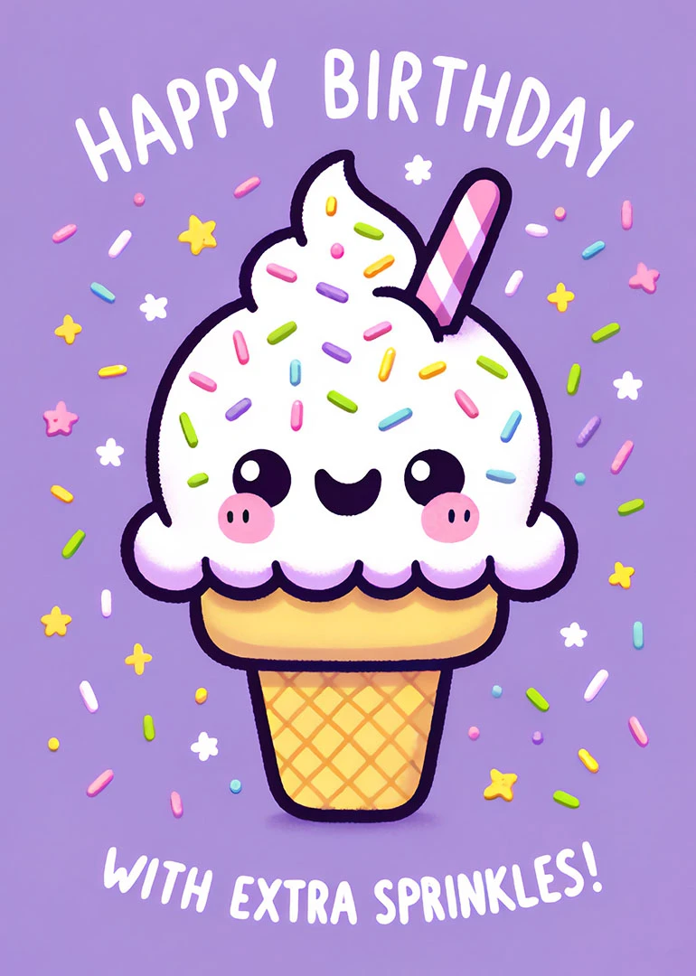Cute ice cream cone with sprinkles and Happy Birthday text on a purple background card.