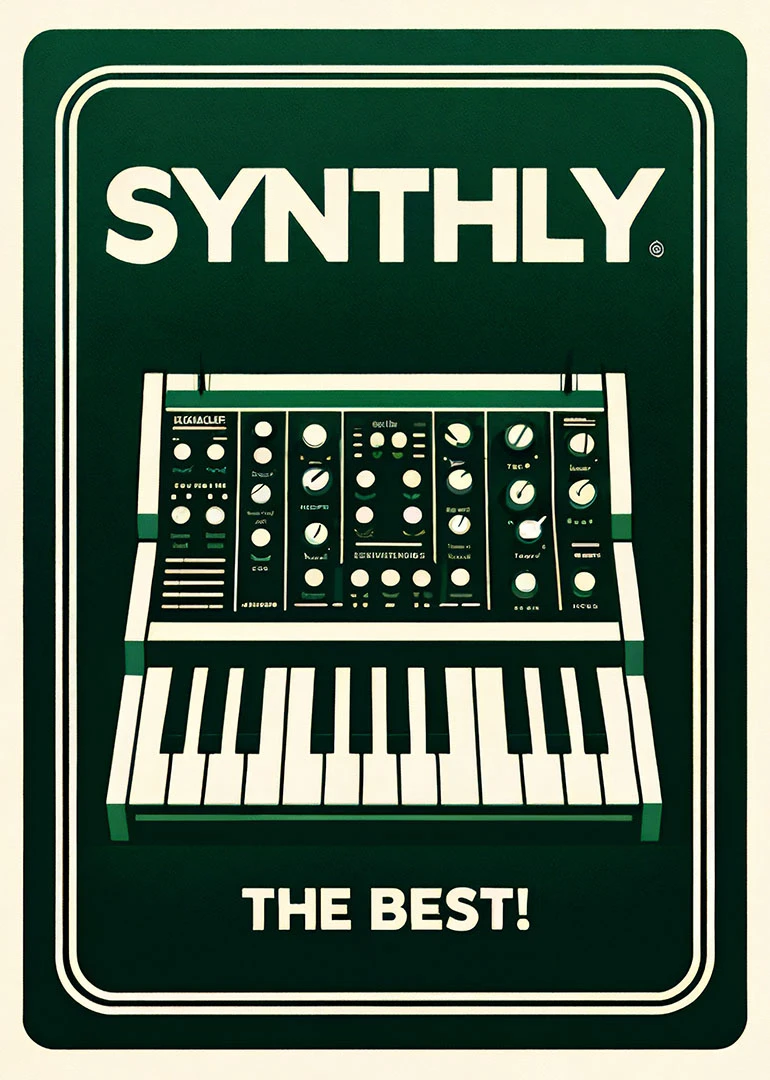 Bold retro card with synthesizer keyboard and the words Synthly the Best on dark green.