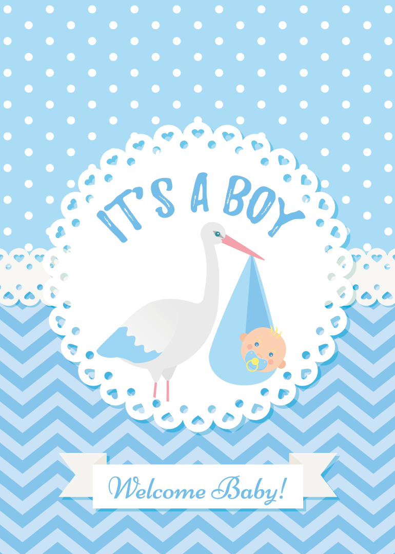 Blue baby boy card with stork carrying baby and polka dot background