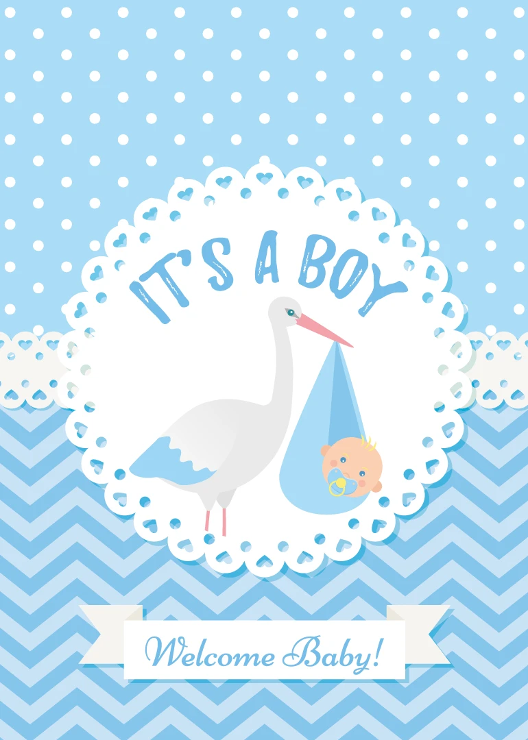 Blue baby card with stork carrying newborn and the text Its a Boy Welcome Baby.