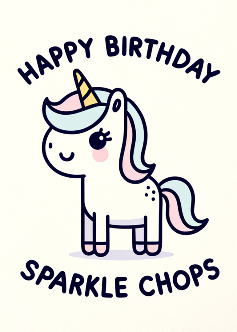 Cute cartoon unicorn with pastel mane and birthday greeting text