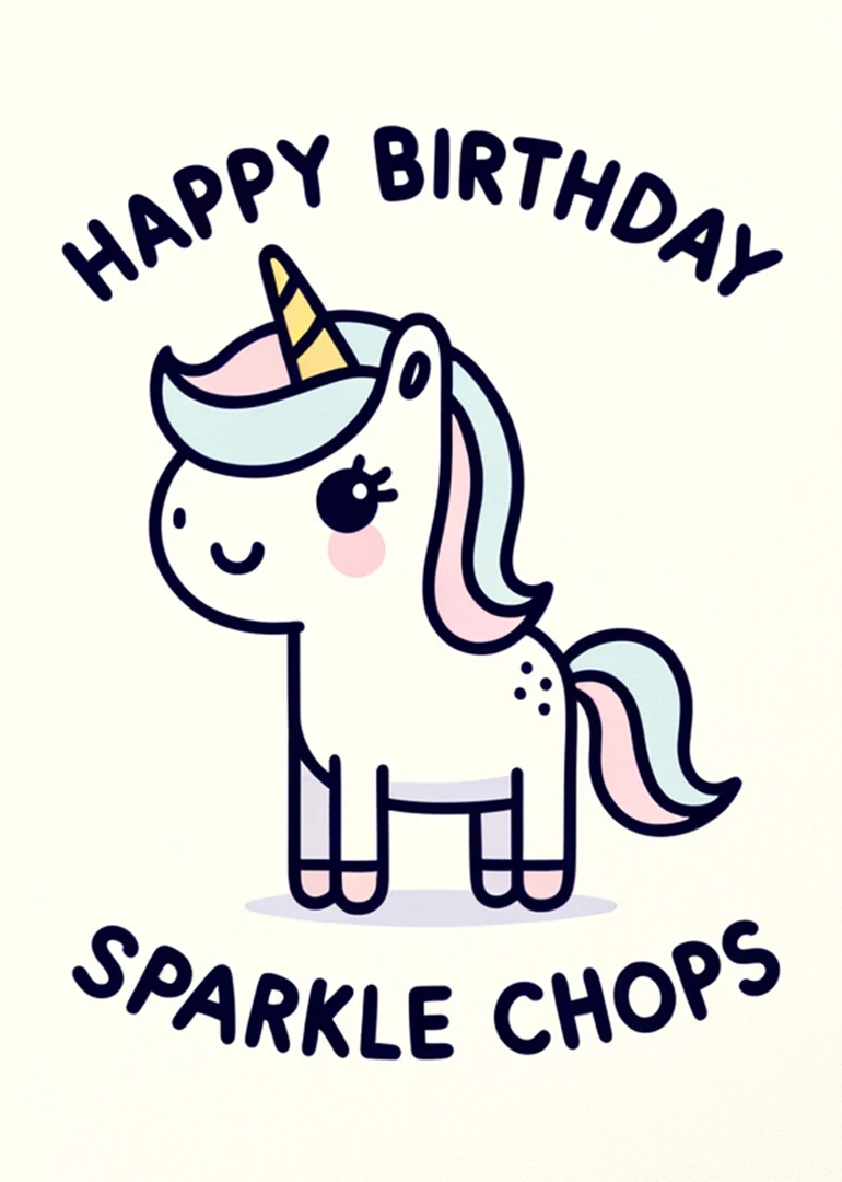 Cute unicorn birthday card with rainbow mane and Sparkle Chops text in playful lettering above.