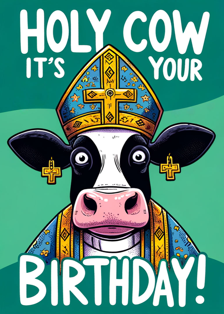 Illustration of a cow dressed as a bishop with text holy cow birthday