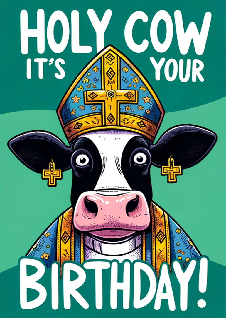 A cartoon cow dressed as a bishop with holy cow birthday text on teal background.