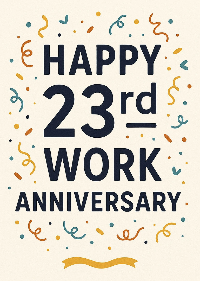 Navy text and confetti celebrate a happy 23rd work anniversary on a cream background design.