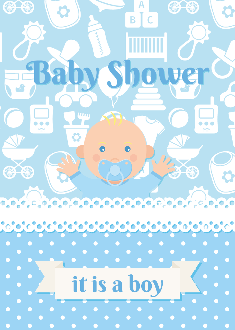 Blue baby shower card with baby boy and baby items background