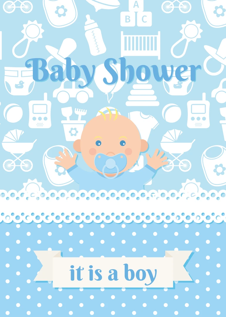 Blue baby shower card with smiling baby, pacifier, and it is a boy message above.