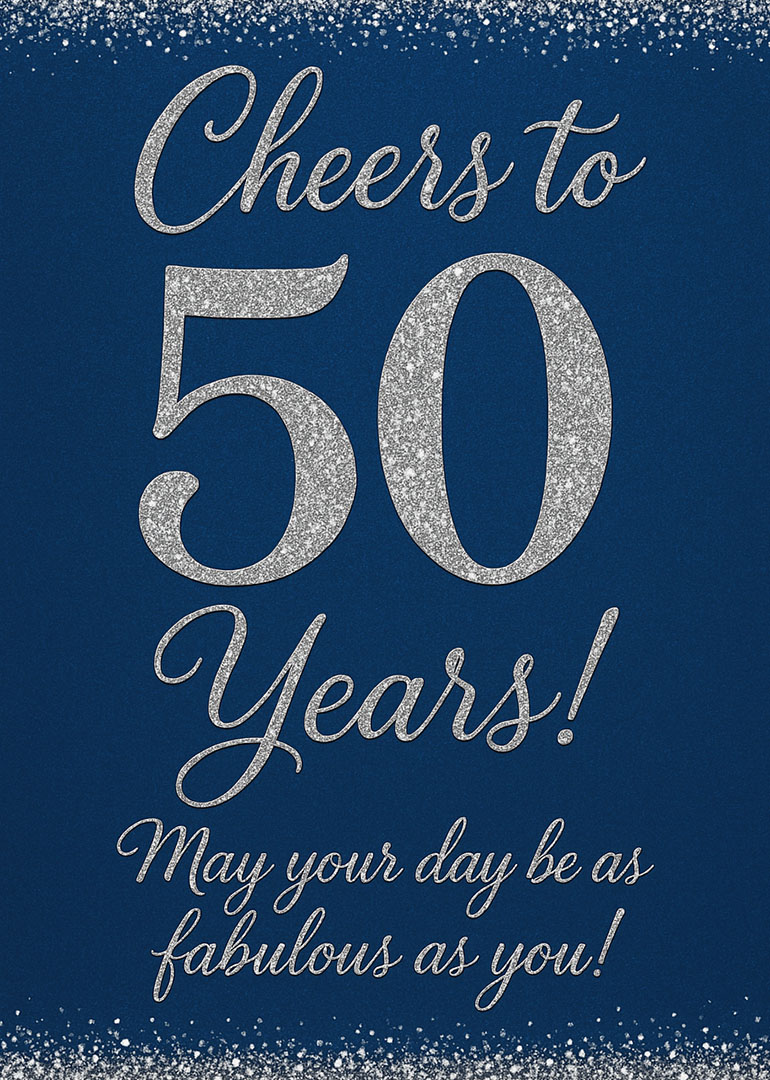 Blue birthday card with silver glitter text celebrating 50 years