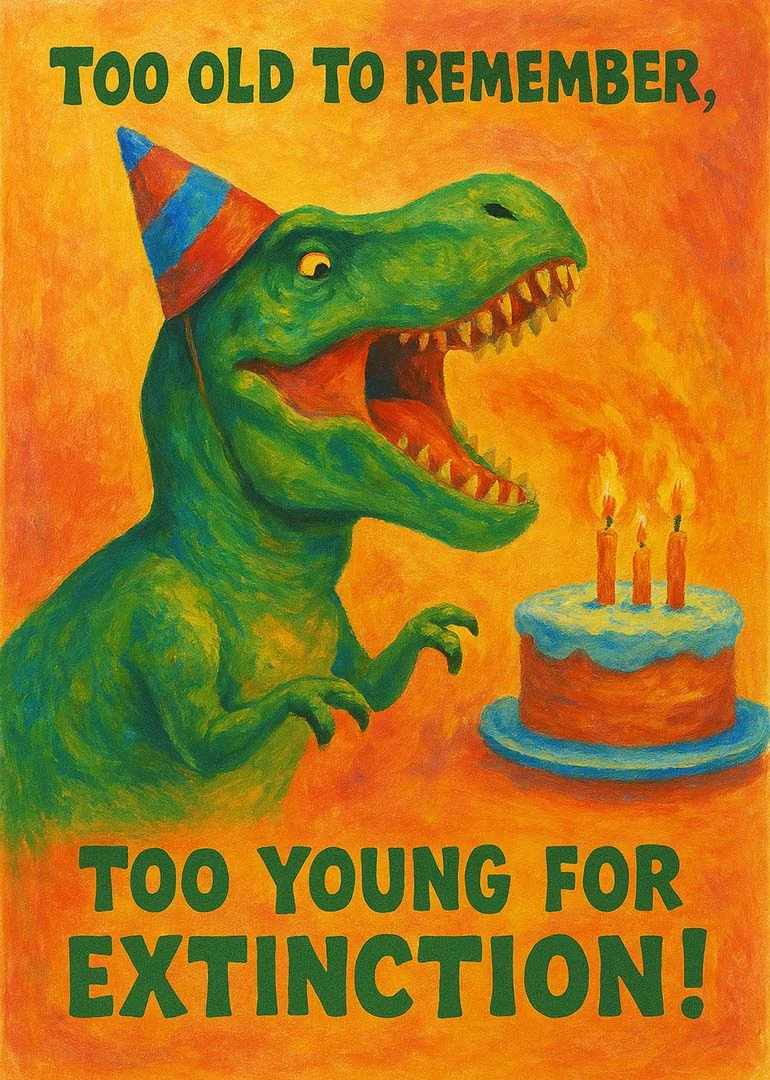 Green party dinosaur with birthday cake says too old to remember, too young for extinction.