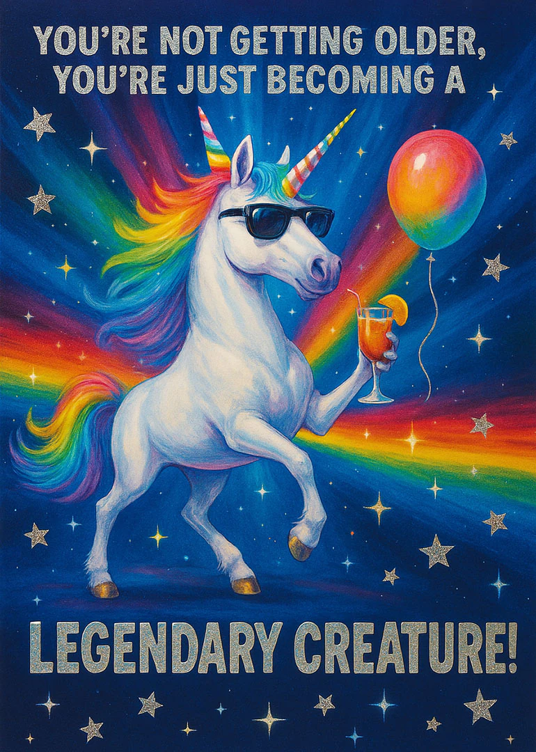Rainbow unicorn wearing sunglasses holds a drink beside a balloon under glittering stars in space.