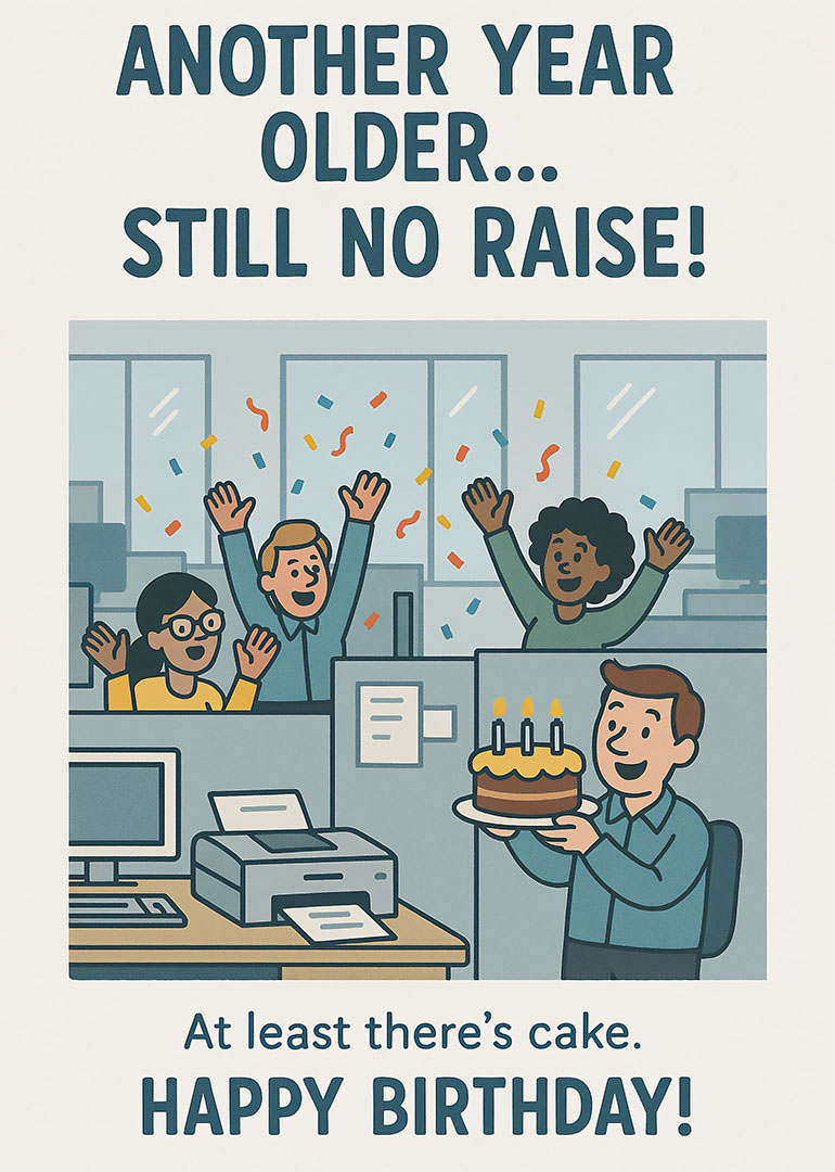 Office birthday card with coworkers cheering and man holding cake