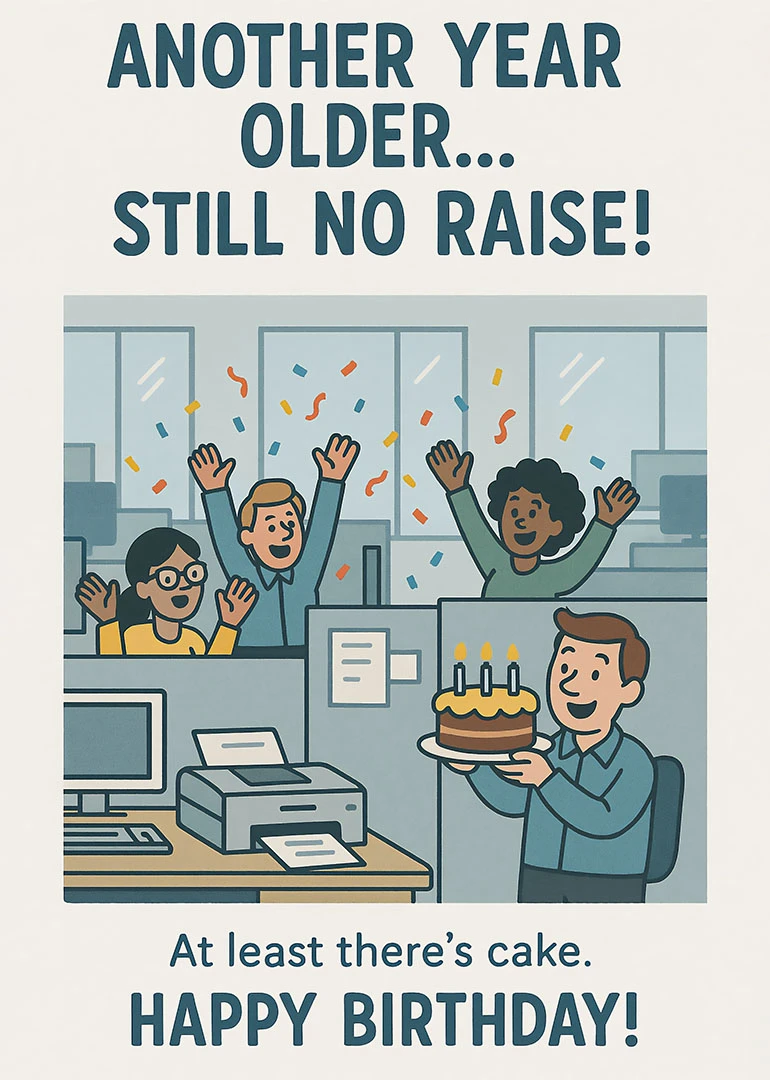 Office coworkers celebrate a birthday with cake and confetti beneath the words Another Year Older.