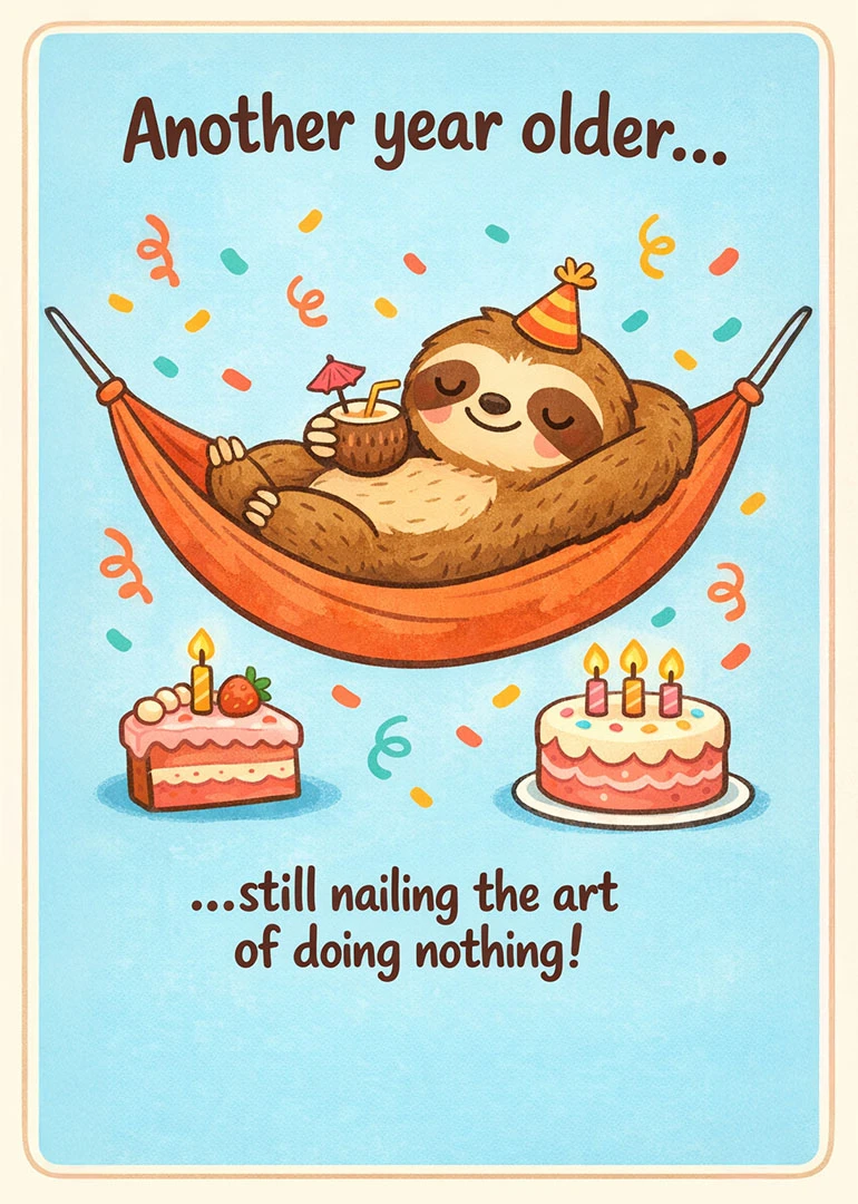 A sloth lounges in a hammock beside cakes with the message about doing nothing birthday.