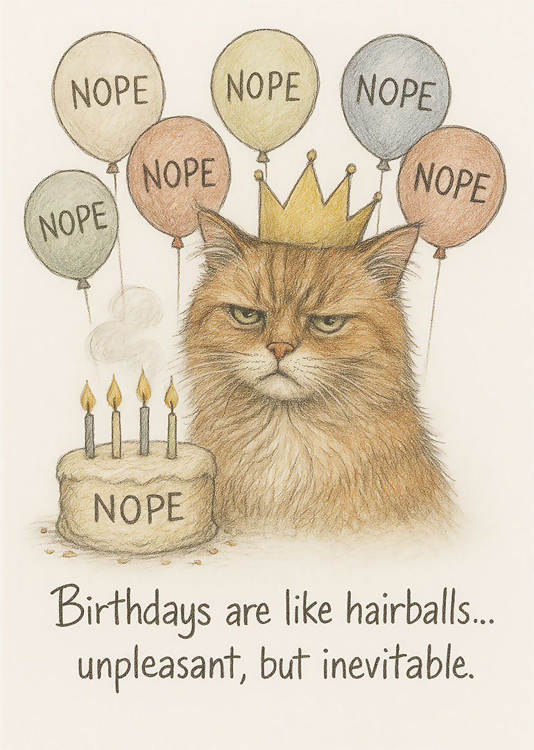 Grumpy cat with crown, balloons and cake all saying nope birthday card